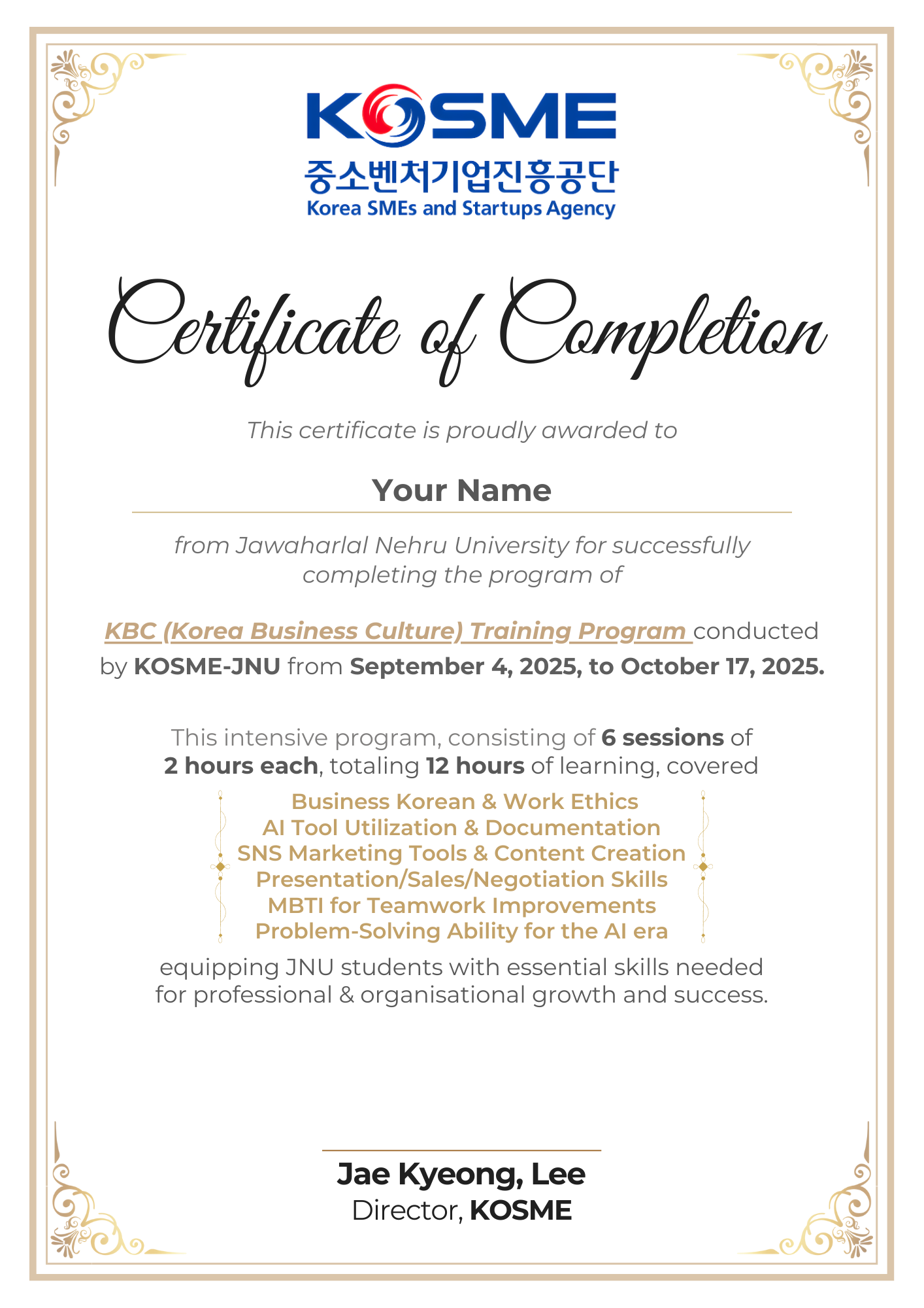 KOSME Certificate of Completion for KBC Korea Business Culture Training Program — co-issued with Korea SMEs and Startups Agency